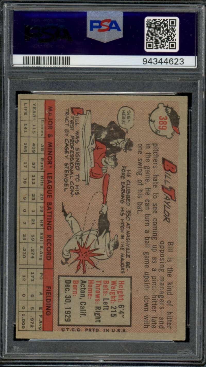 Bill Taylor Card 1958 Topps #389 PSA 6 Image 2