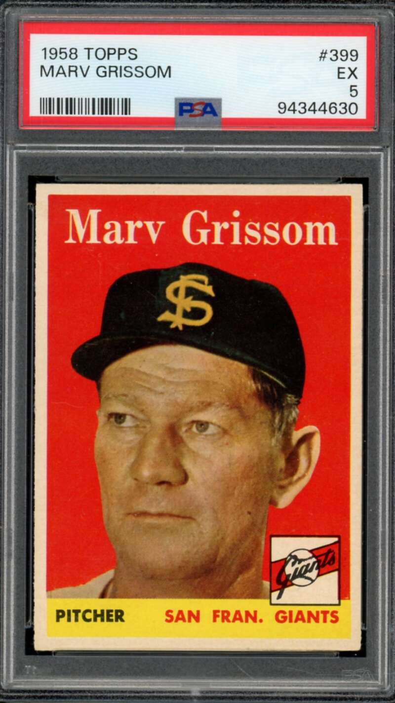 Marv Grissom Card 1958 Topps #399 PSA 5 Image 1