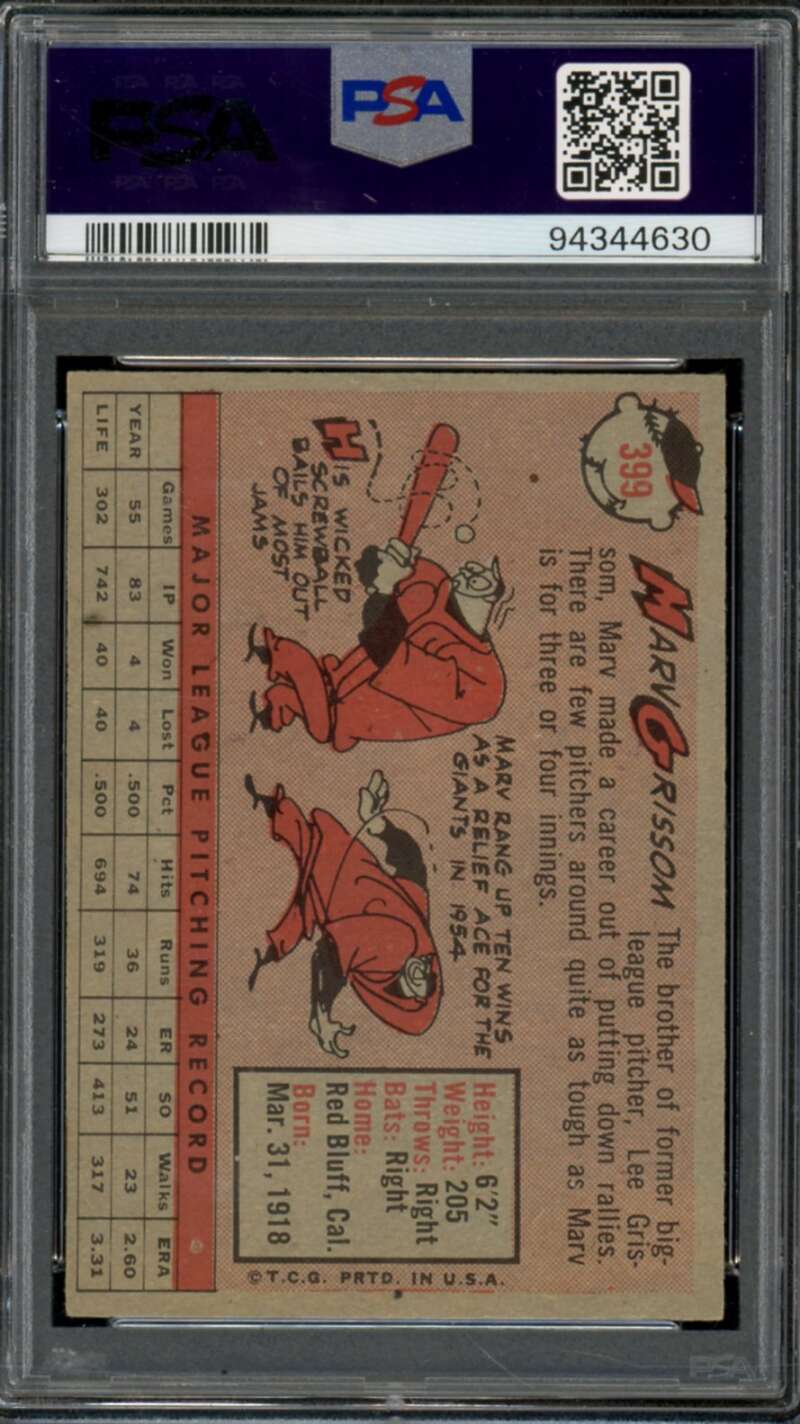 Marv Grissom Card 1958 Topps #399 PSA 5 Image 2