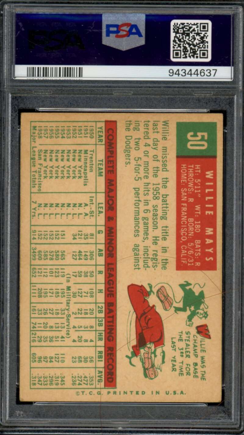 Willie Mays Card 1959 Topps #50 PSA 4 Image 2