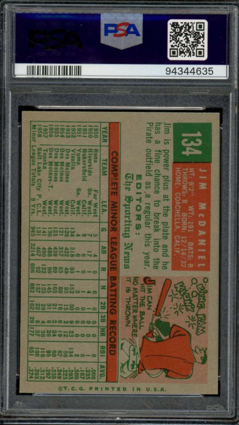 Jim McDaniel Rookie Card 1959 Topps #134 PSA 7 Image 2