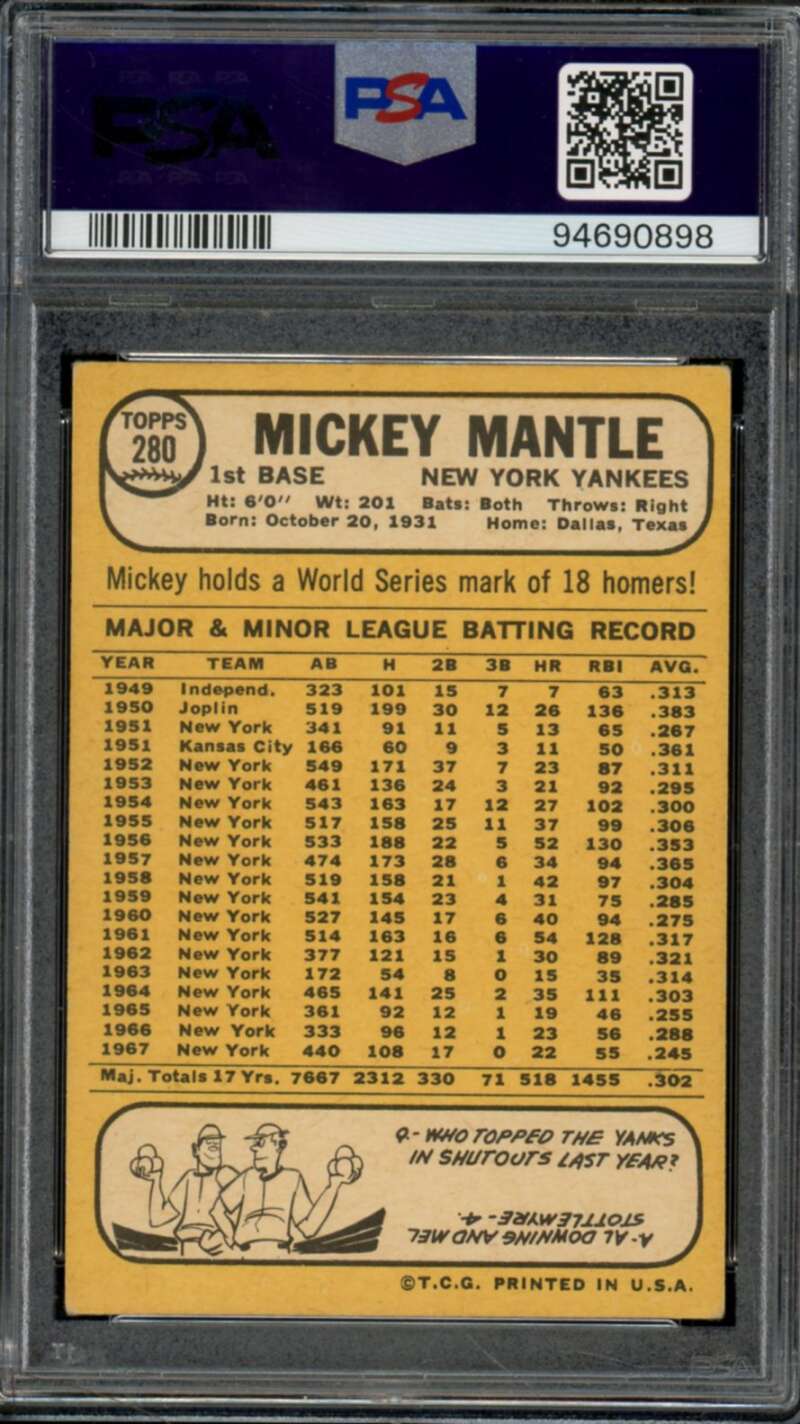 Mickey Mantle Card 1968 Topps #280 PSA 3 Image 2