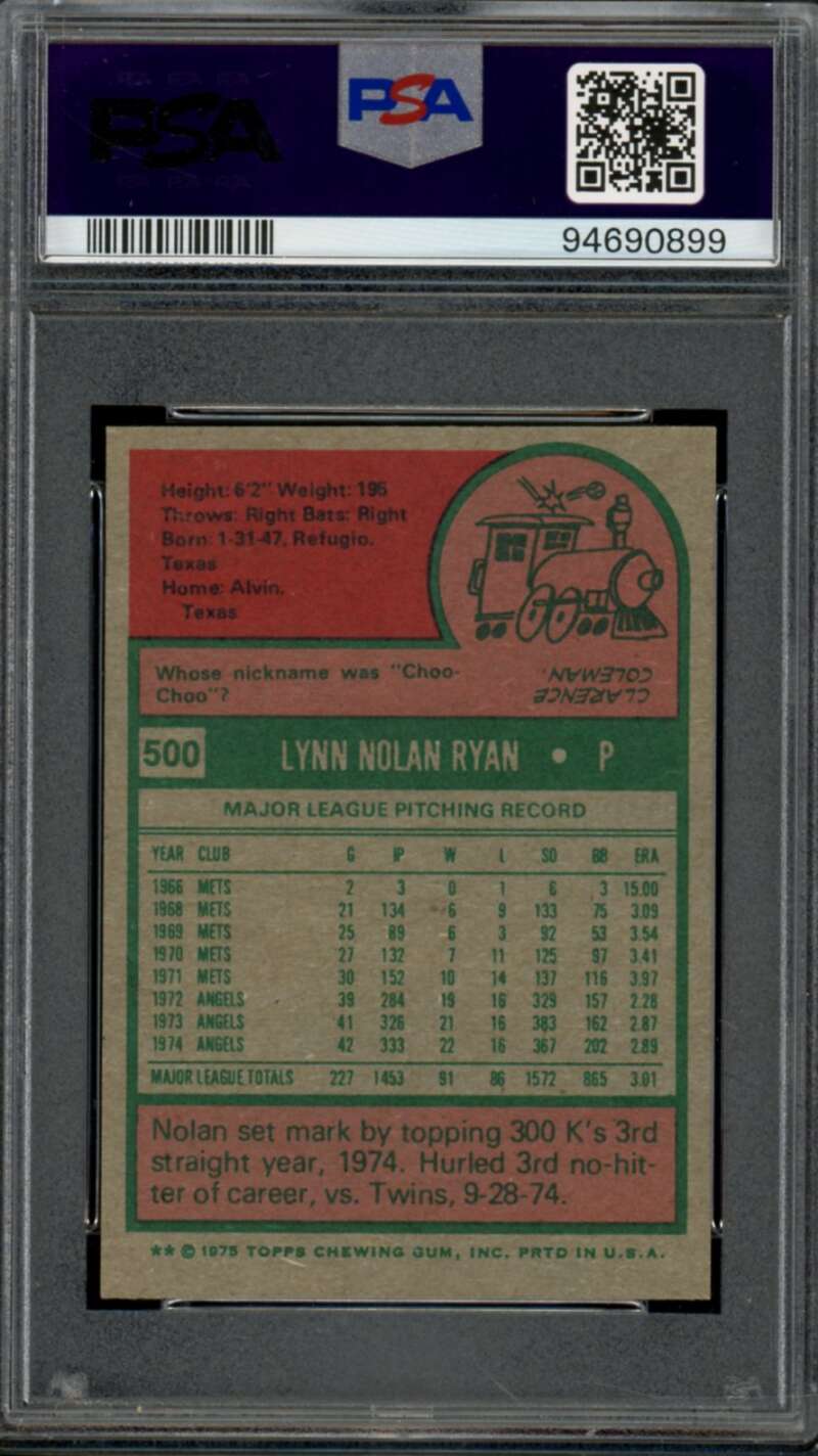 Nolan Ryan Card 1975 Topps Mini #500 PSA 6 Image 2