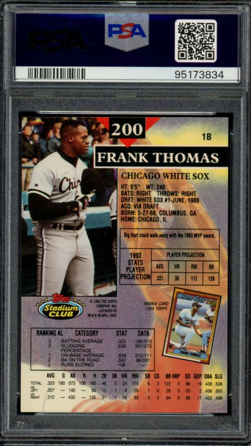 Frank Thomas Card 1993 Stadium Club 1st Day Production (pop 11) #200 PSA 9 Image 2