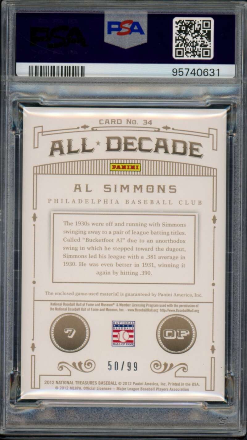 Al Simmons 2012 Panini National Treasures All Decade Materials (pop 4) #34 PSA 9 Image 2