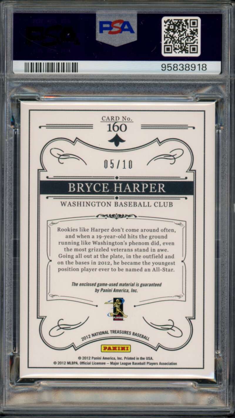 Bryce Harper Rookie 2012 National Treasures Materials Black (5/10) #160 PSA 10 Image 2