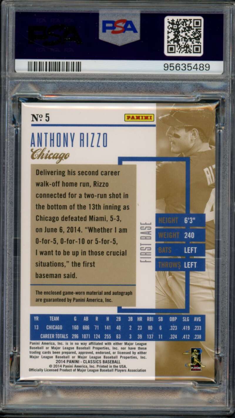 Anthony Rizzo 2014 Panini Classics Significant Jersy Platinum (1 of 1) #5 PSA 9 Image 2