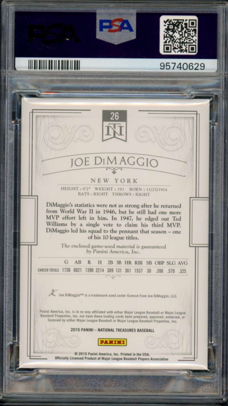 Joe Dimaggio Card 2015 Panini National Treasures Material (pop 2) #26 PSA 9 Image 2