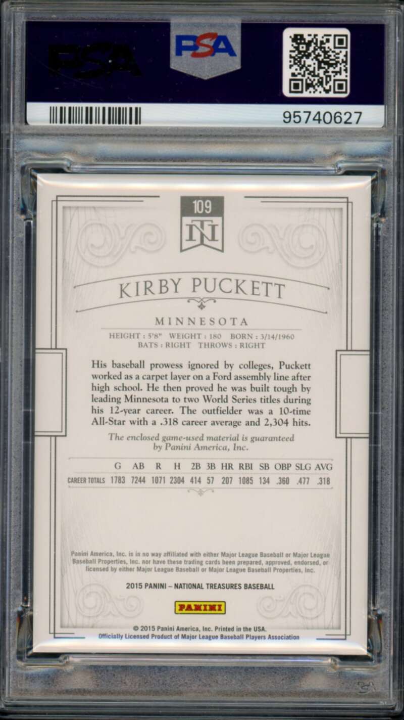 Kirby Puckett 2015 Panini National Treasres Material #109 (pop 1) #109 PSA 9 Image 2