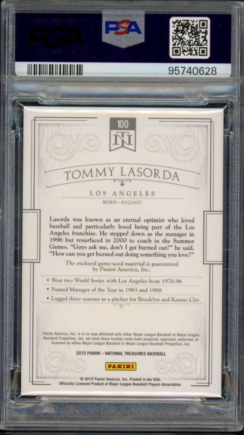 Tommy Lasorda 2015 National Treasures Material Prime (9/25) (pop 2) #100 PSA 9 Image 2