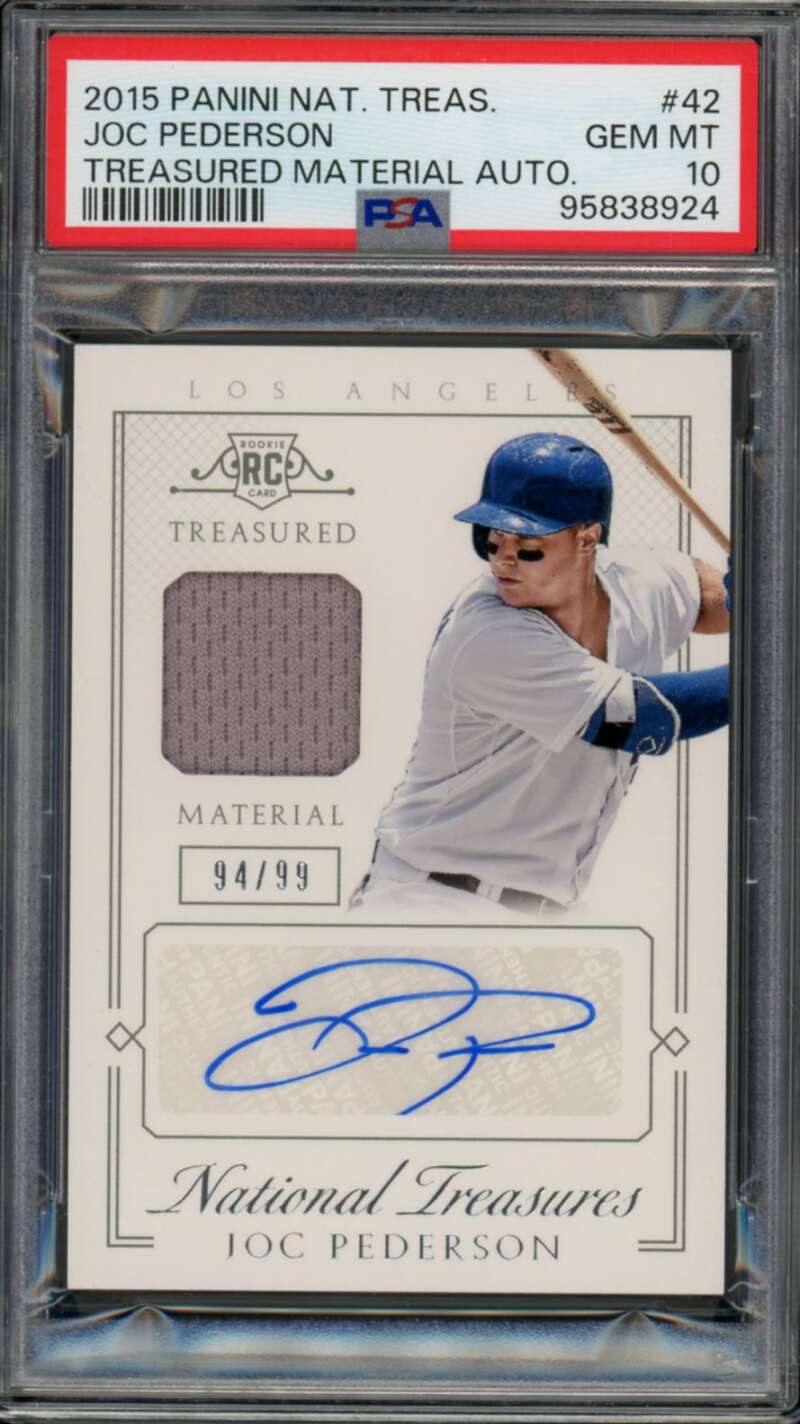 Joc Pederson Rookie 2015 National Treasures Treasured Material Auto #42 PSA 10 Image 1