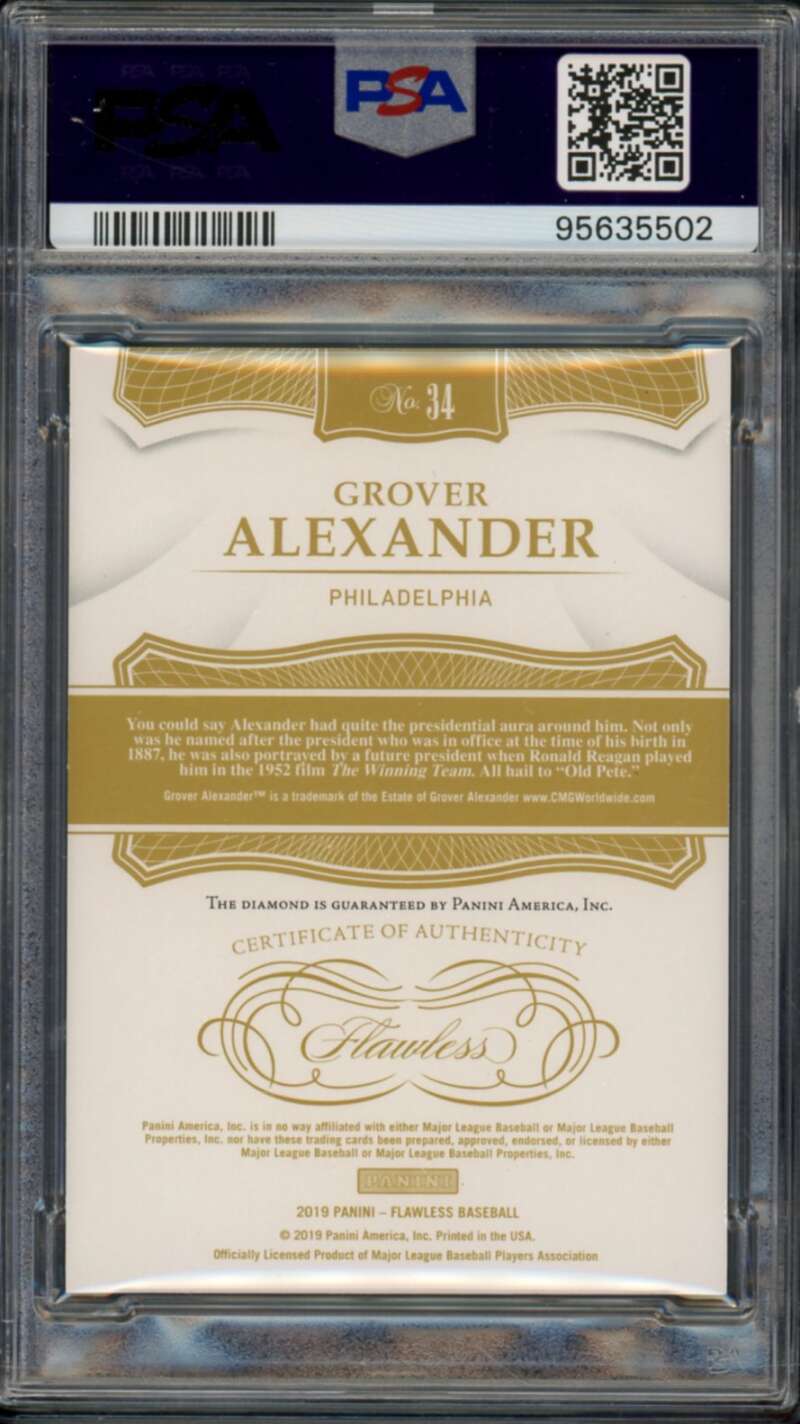 Grover Alexander Card 2019 Flawless Holo Gold (Serial #d 9/10)(pop 1) #34 PSA 10 Image 2