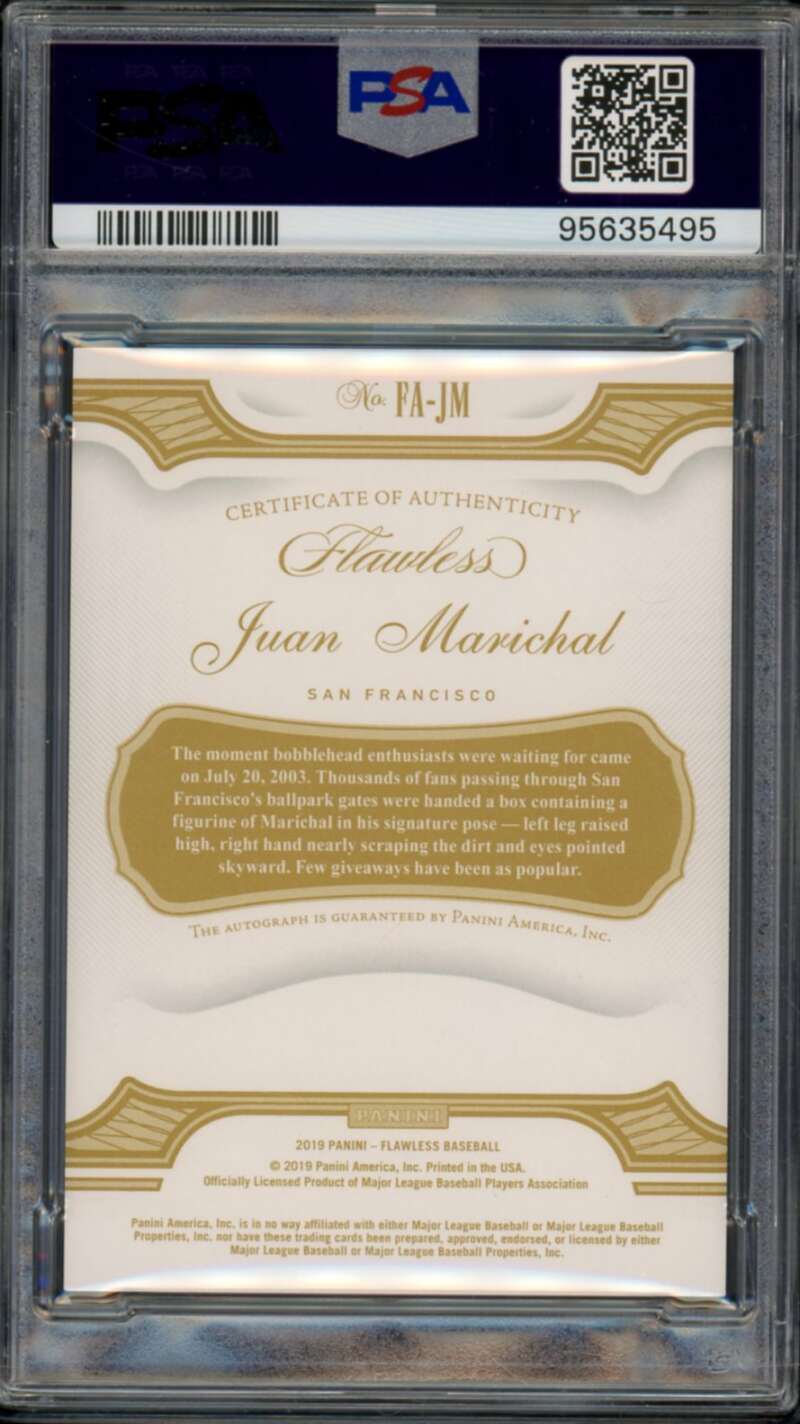 Juan Marichal Card 2019 Panini Flawless Autographs Ruby (20/20)(pop 1) #JM PSA 9 Image 2