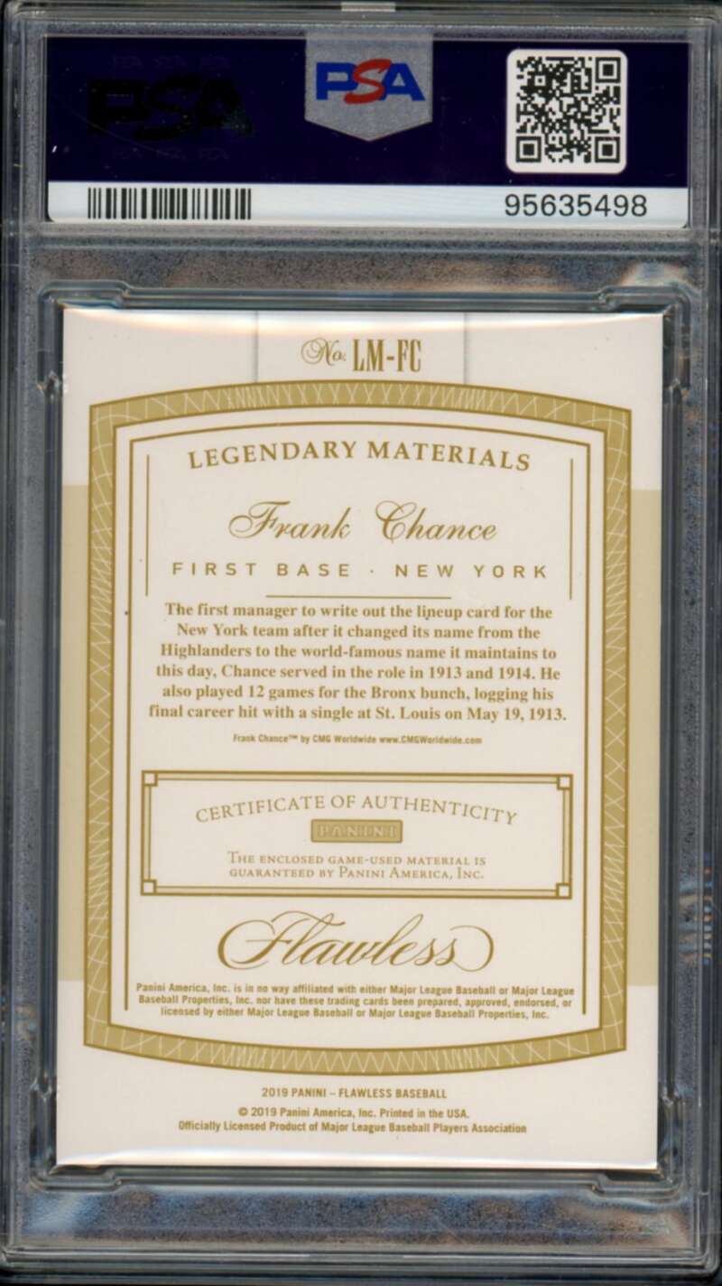 Frank Chance 2019 Flawless Legendary Materials Gold (5/10) (pop 1) #LMFC PSA 10 Image 2