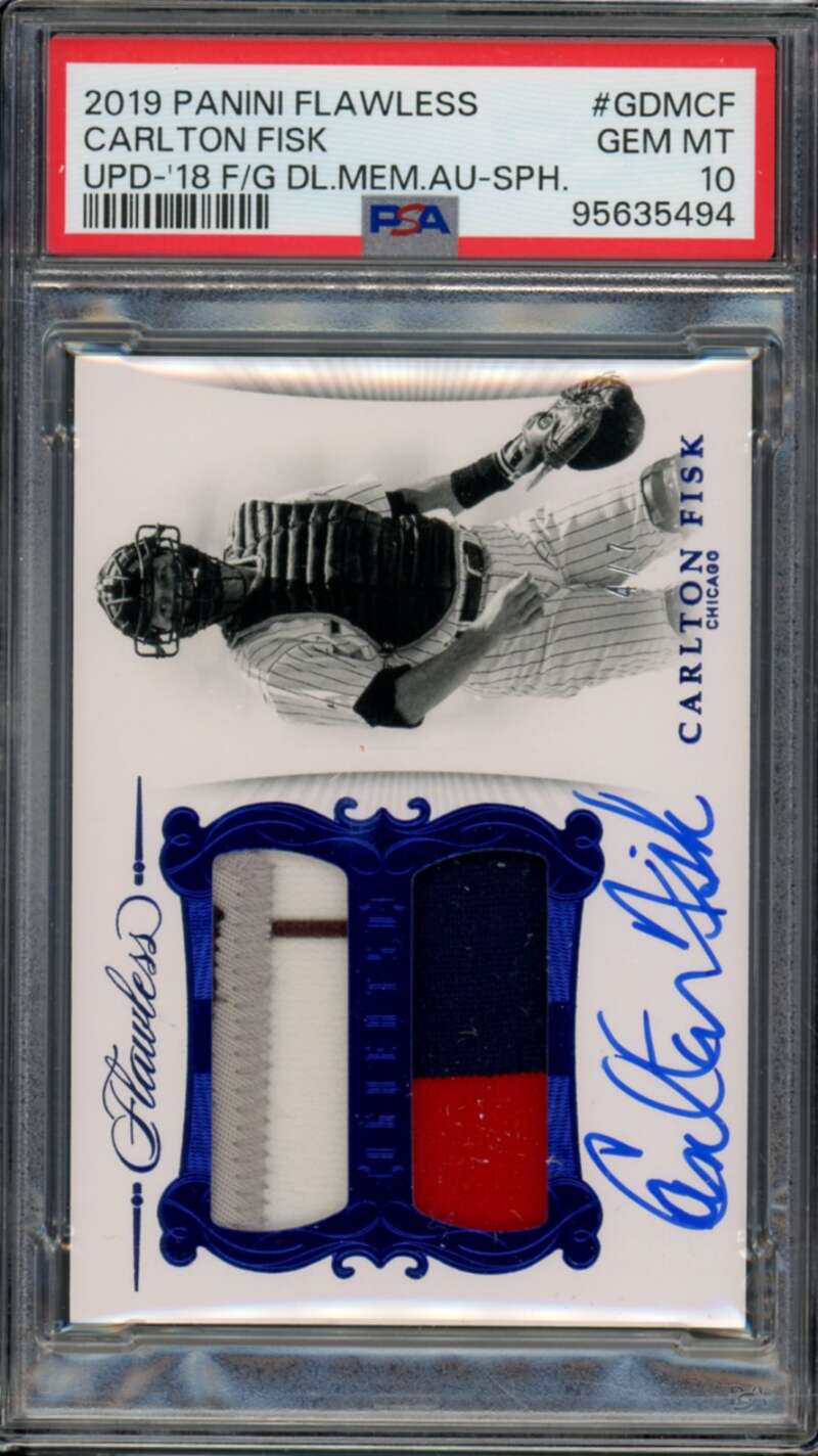 Carlton Fisk Card 2019 Panini Flawless Auto Sapphire (#d 4/7) #GDMCF PSA 10 Image 1