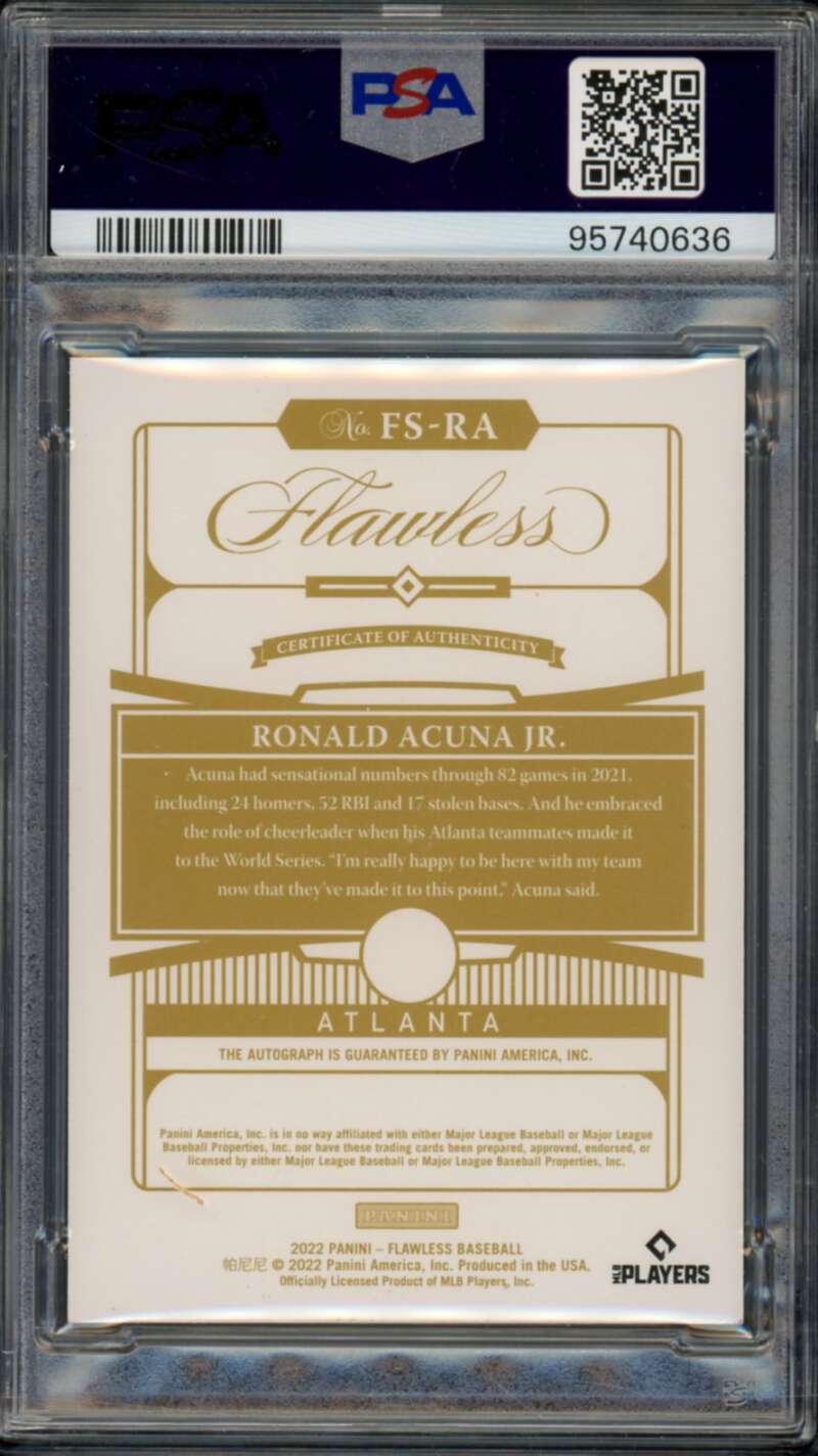 Ronald Acuna Jr. Card 2022 Flawless Signatures Ruby (12/20) (pop 1) #FSRA PSA 10 Image 2