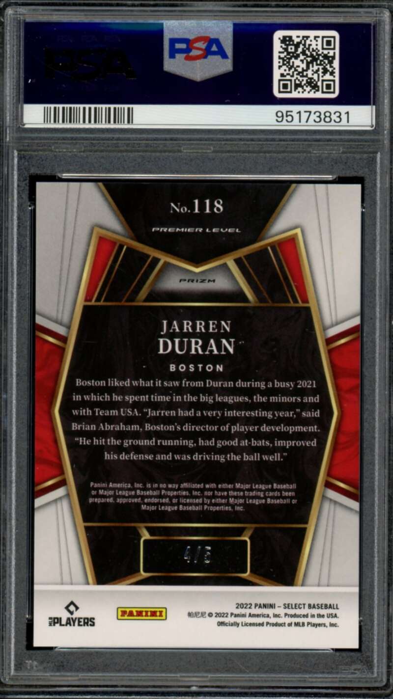 Jarren Duran Rookie Card 2022 Select Green (Serial #d 4/5) #118 PSA 10 Image 2