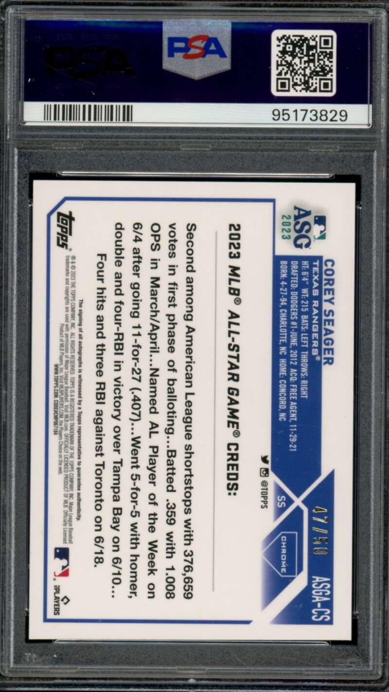 Corey Seager 2023 Topps Chrome Update AS Game Auto Gold (47/50) #CS PSA 10 Image 2