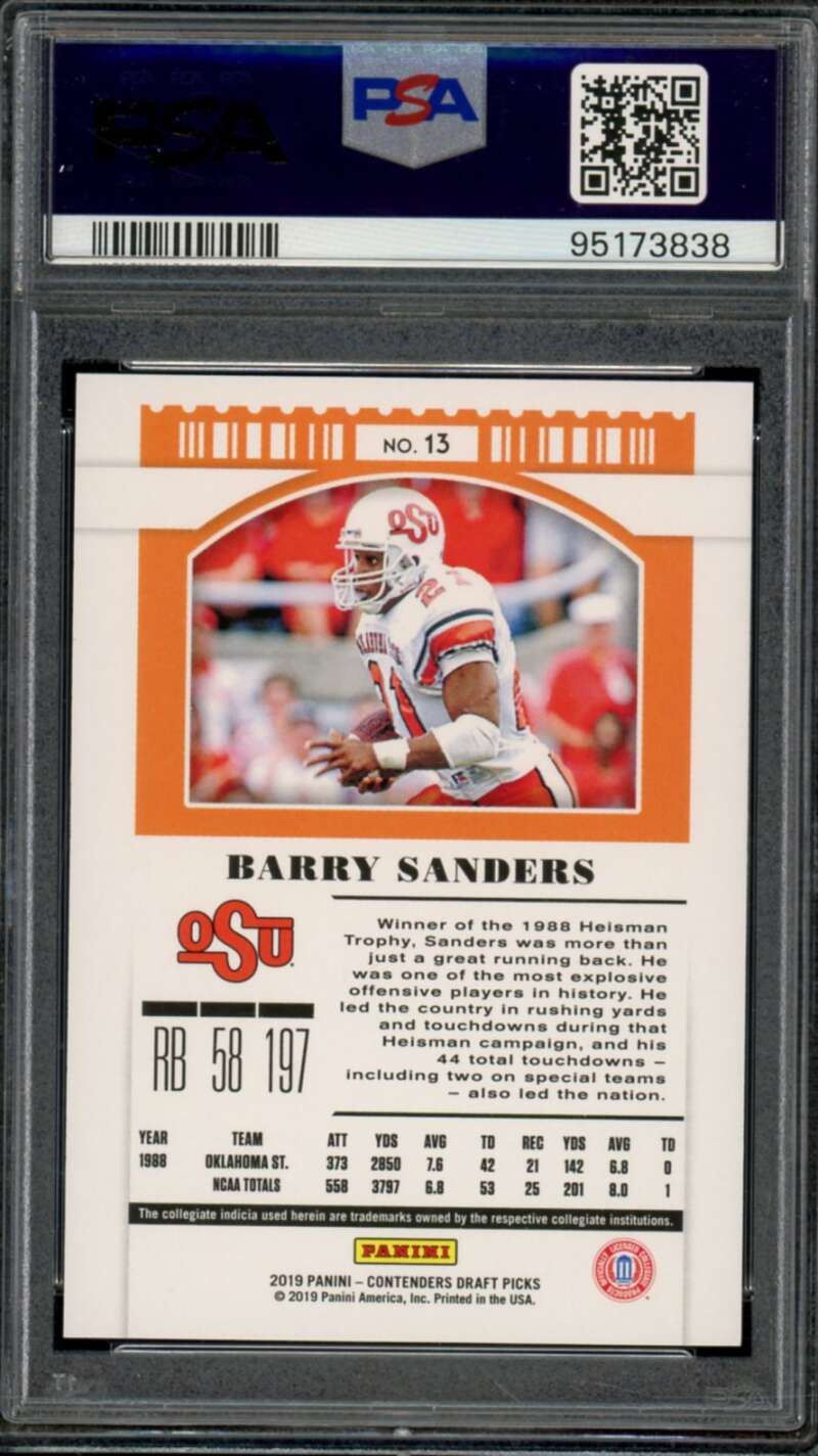 Barry Sanders Card 2019 Panini Contenders DP Bowl Ticket (pop 1) #13 PSA 10 Image 2