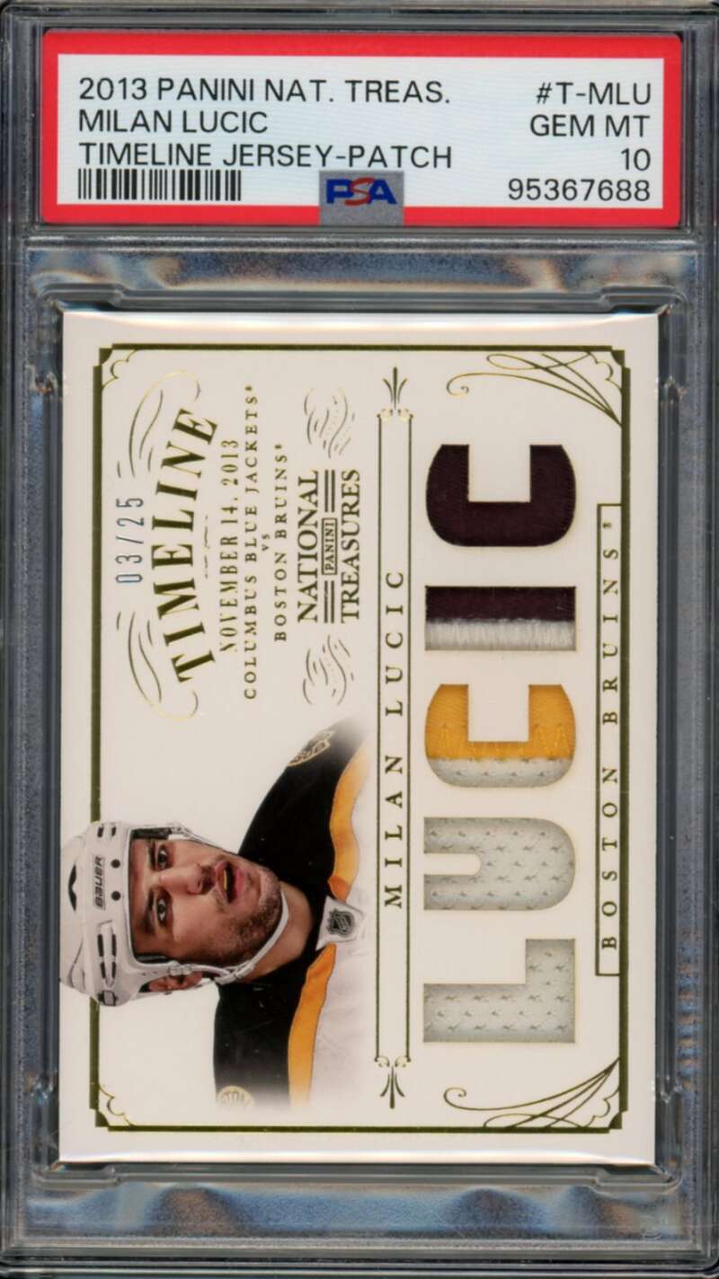 Milan Lucic 2013-14 National Treasures Timeline Jersey Patch (3/25) #TMLU PSA 10 Image 1