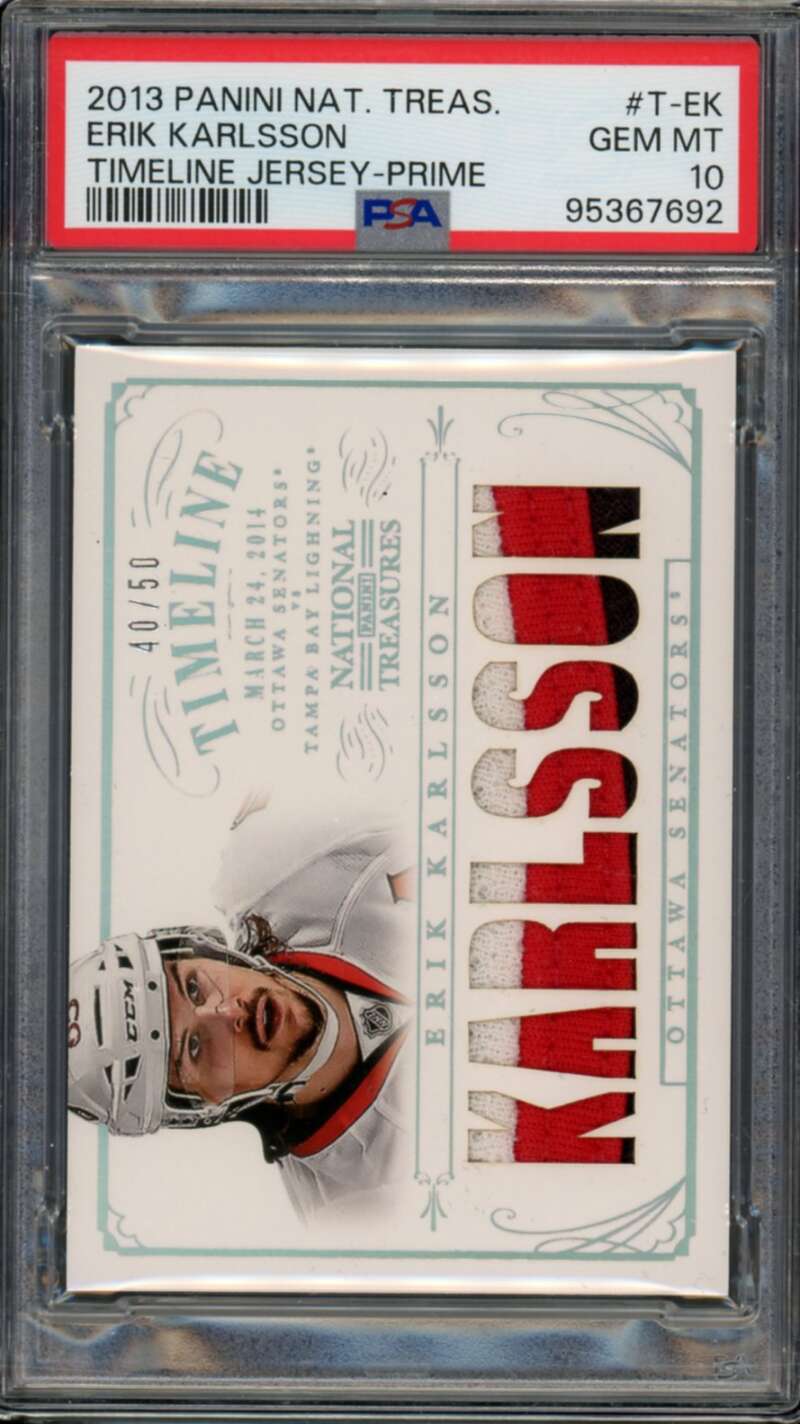 Erik Karlsson Card 2013-14 National Treasures Timeline Jersey Prime #T-Ek PSA 10 Image 1