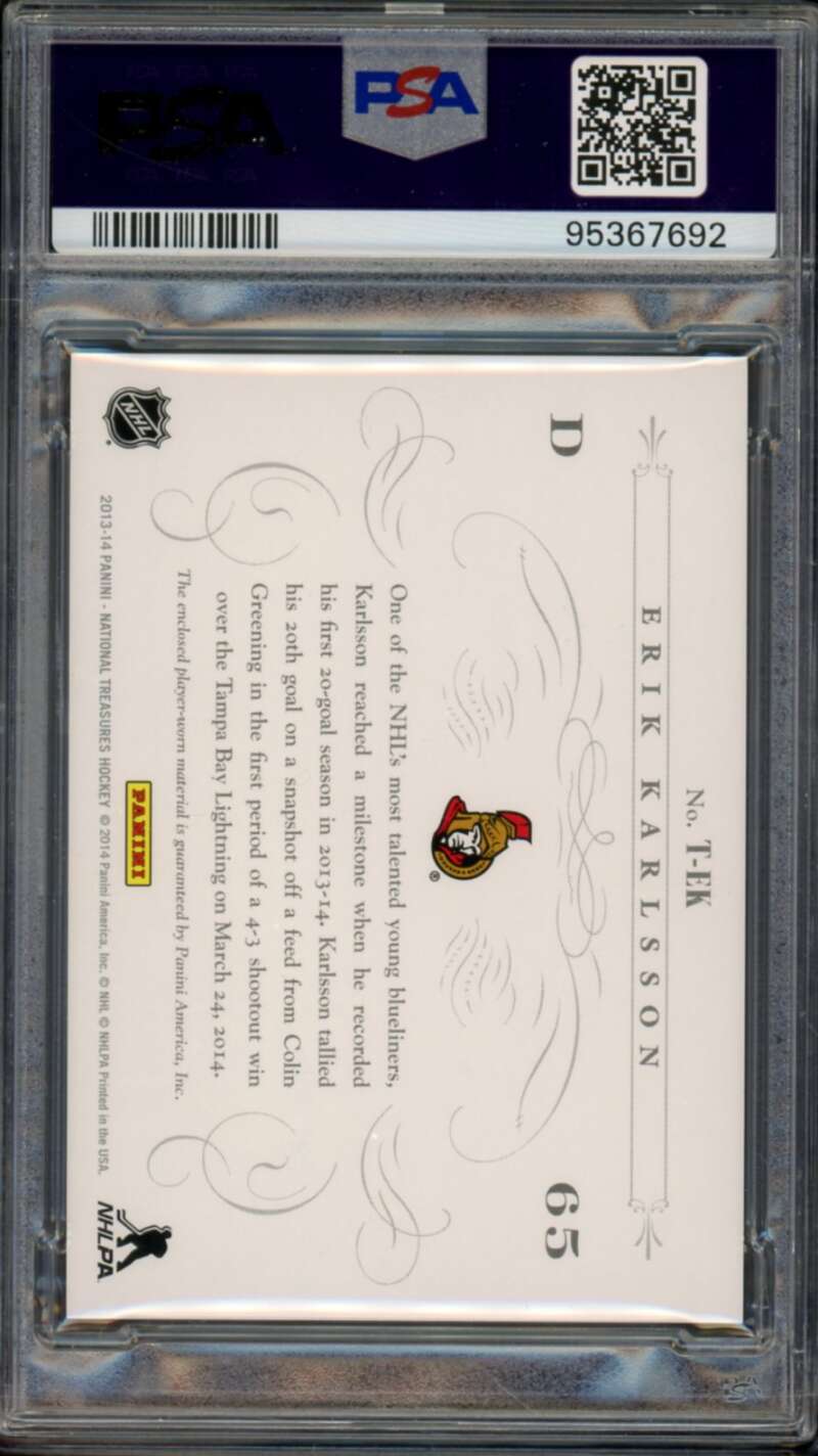 Erik Karlsson Card 2013-14 National Treasures Timeline Jersey Prime #T-Ek PSA 10 Image 2