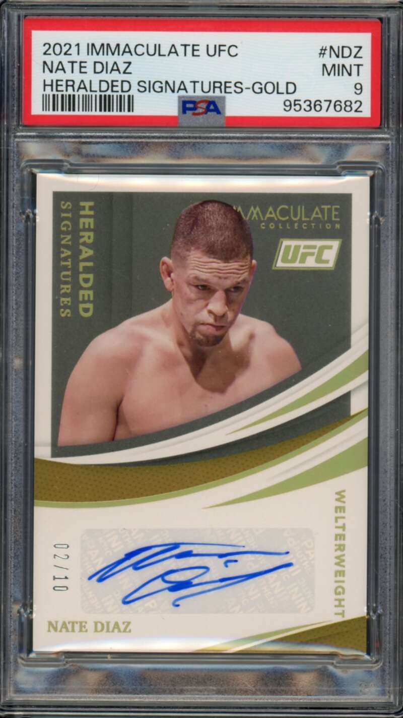 Nate Diaz 2021 Immaculate UFC Heralded Signatures Gold (Ser # 2/10) #NDZ PSA 9 Image 1