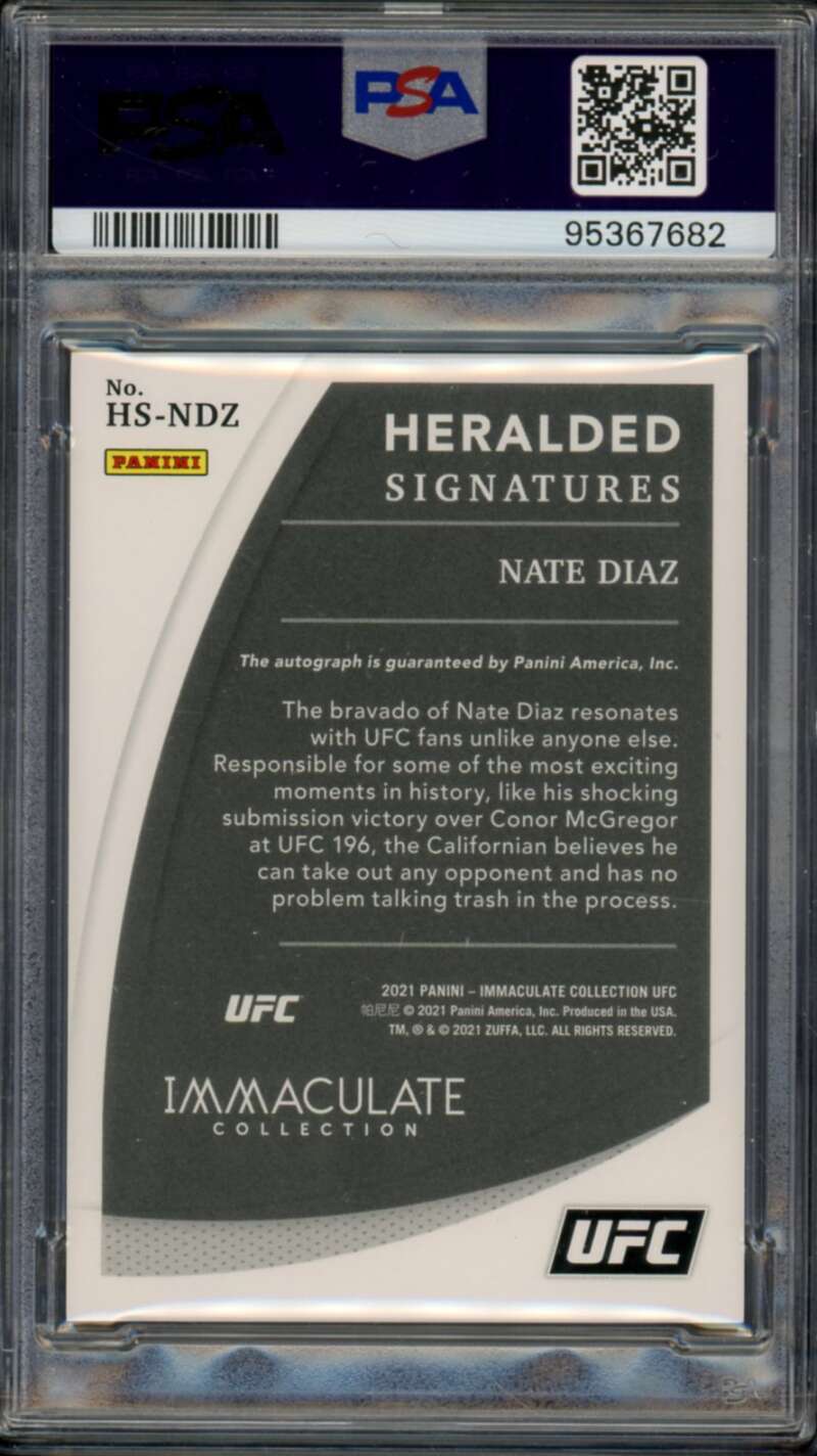 Nate Diaz 2021 Immaculate UFC Heralded Signatures Gold (Ser # 2/10) #NDZ PSA 9 Image 2