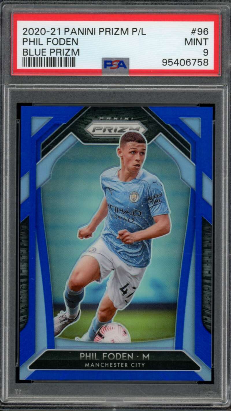 Phil Foden Card 2020-21 Panini Prizm Blue Prizm #96 (pop 5) PSA 9 Image 1