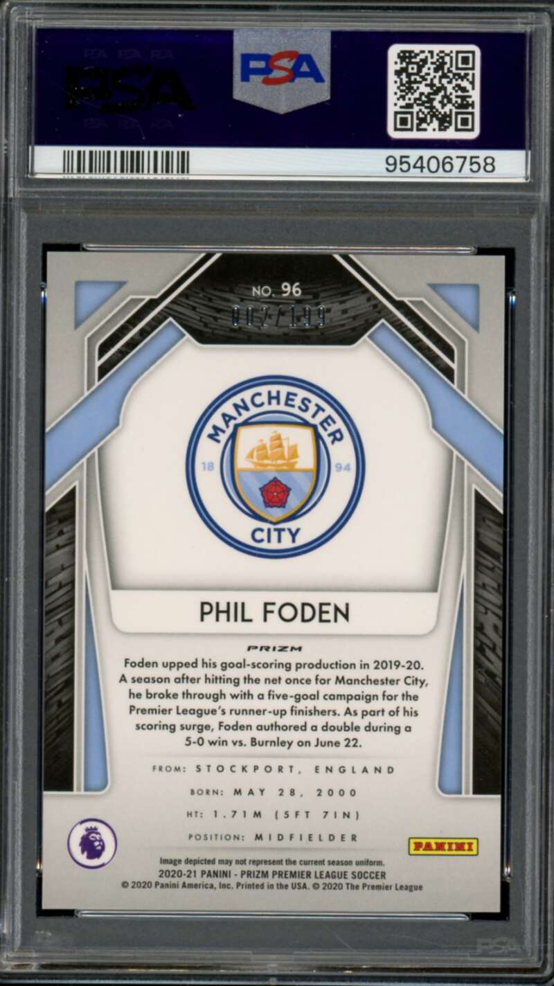 Phil Foden Card 2020-21 Panini Prizm Blue Prizm #96 (pop 5) PSA 9 Image 2