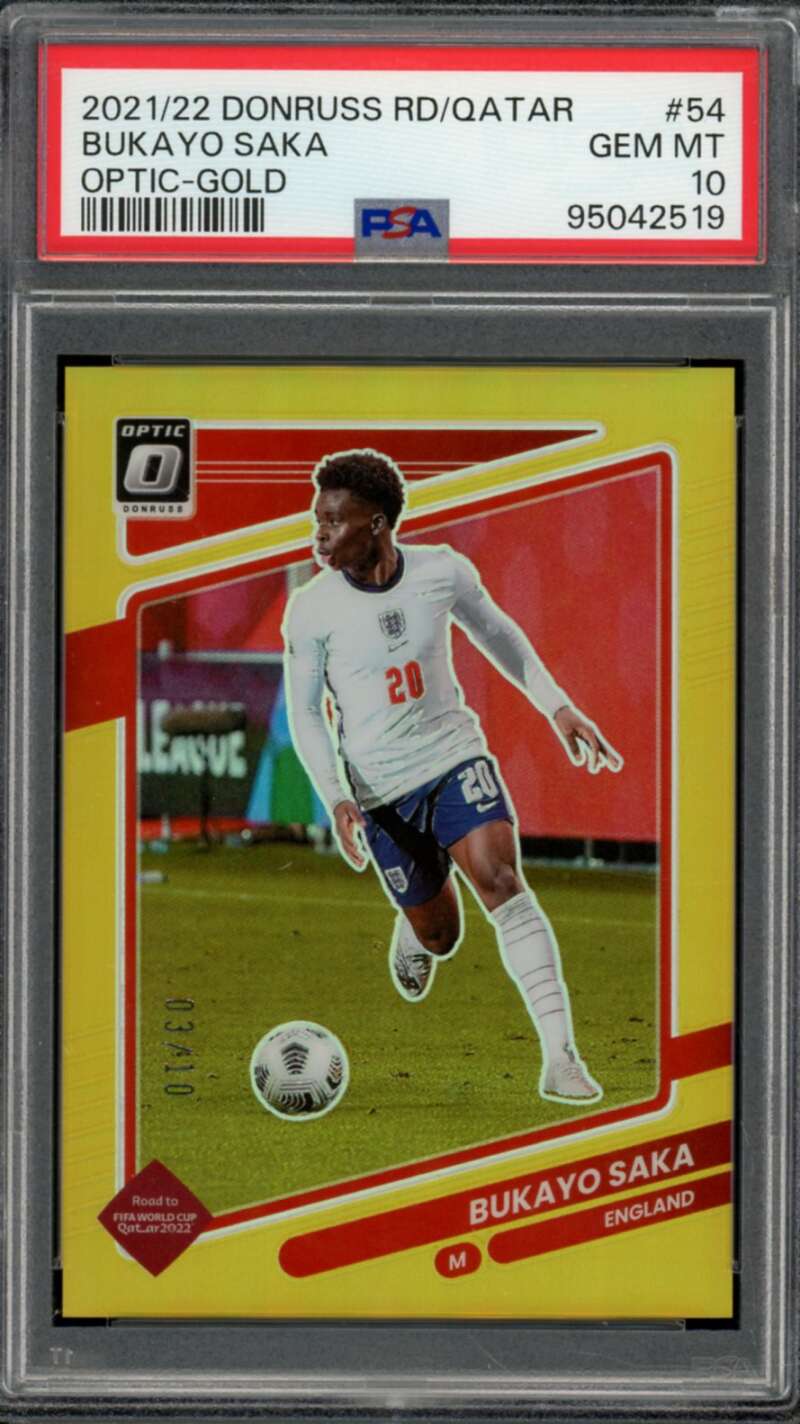 Bukayo Saka Card 2021-22 Donruss Optic-Gold #54 (Serial #d 3/10) PSA 10 Image 1