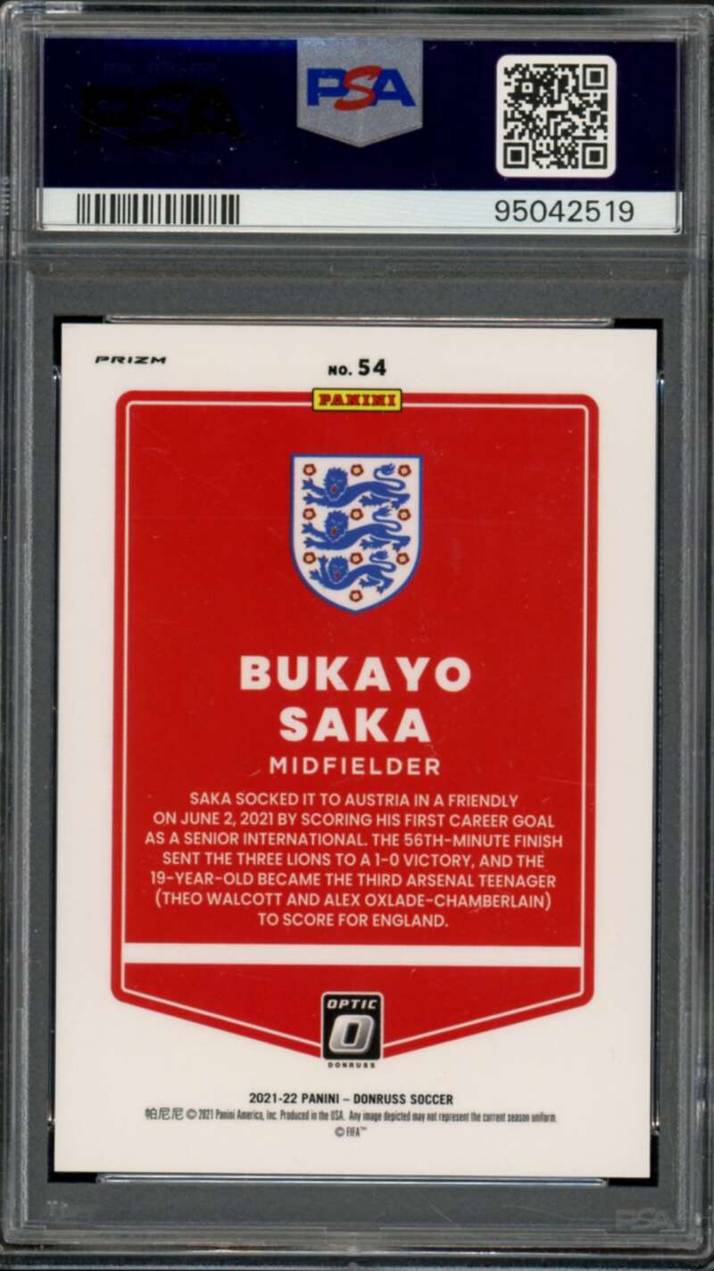 Bukayo Saka Card 2021-22 Donruss Optic-Gold #54 (Serial #d 3/10) PSA 10 Image 2