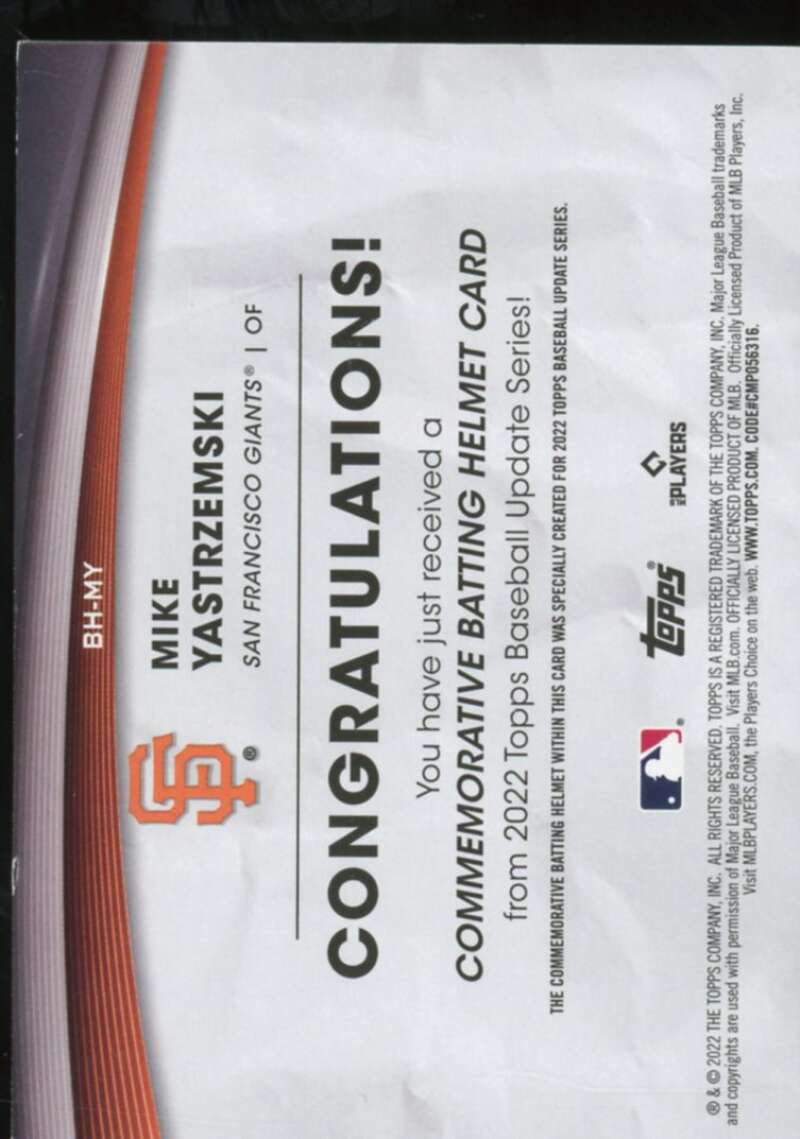 Mike Yastrzemski Card 2022 Topps Update Commemorative Batting Helmet #BHMY  Image 2
