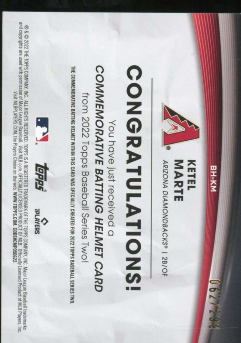 Ketel Marte Card 2022 Topps Commemorative Batting Helmet Relics #BHKM  Image 2