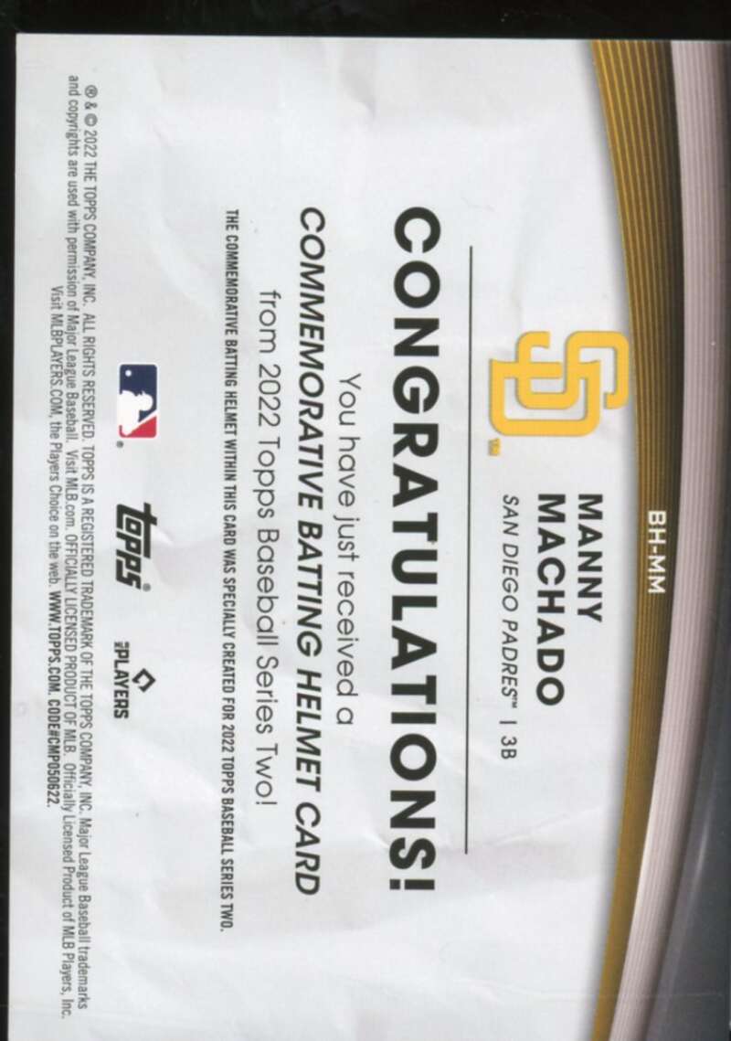 Manny Machado Card 2022 Topps Commemorative Batting Helmet Relics #BHMM  Image 2