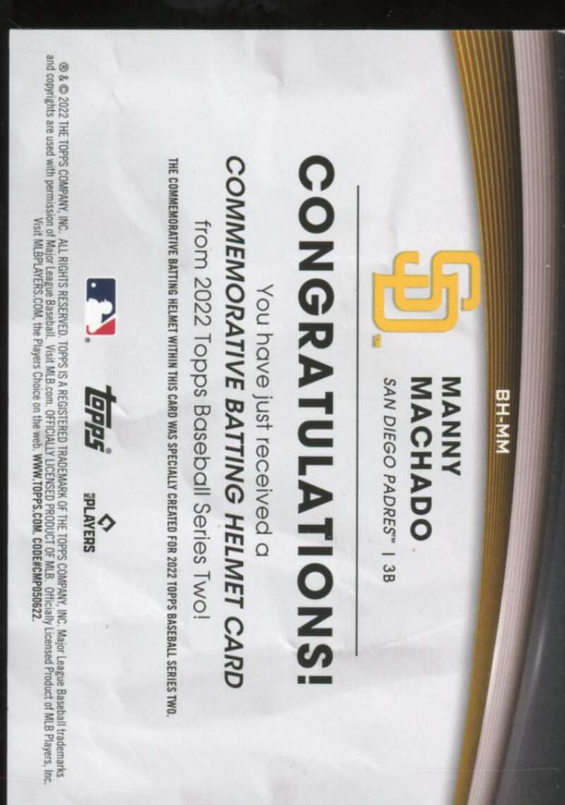 Manny Machado Card 2022 Topps Commemorative Batting Helmet Relics #BHMM  Image 2