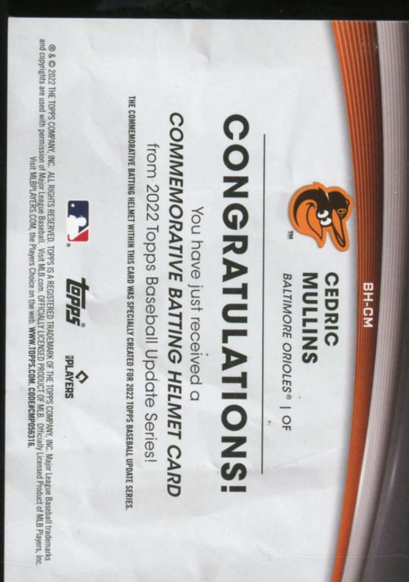 Cedric Mullins Card 2022 Topps Update Commemorative Batting Helmet #BHCM  Image 2