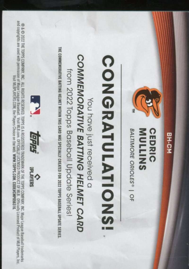 Cedric Mullins Card 2022 Topps Update Commemorative Batting Helmet #BHCM  Image 2