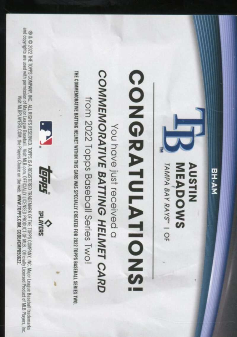 Austin Meadows Card 2022 Topps Commemorative Batting Helmet Relics #BHAM  Image 2