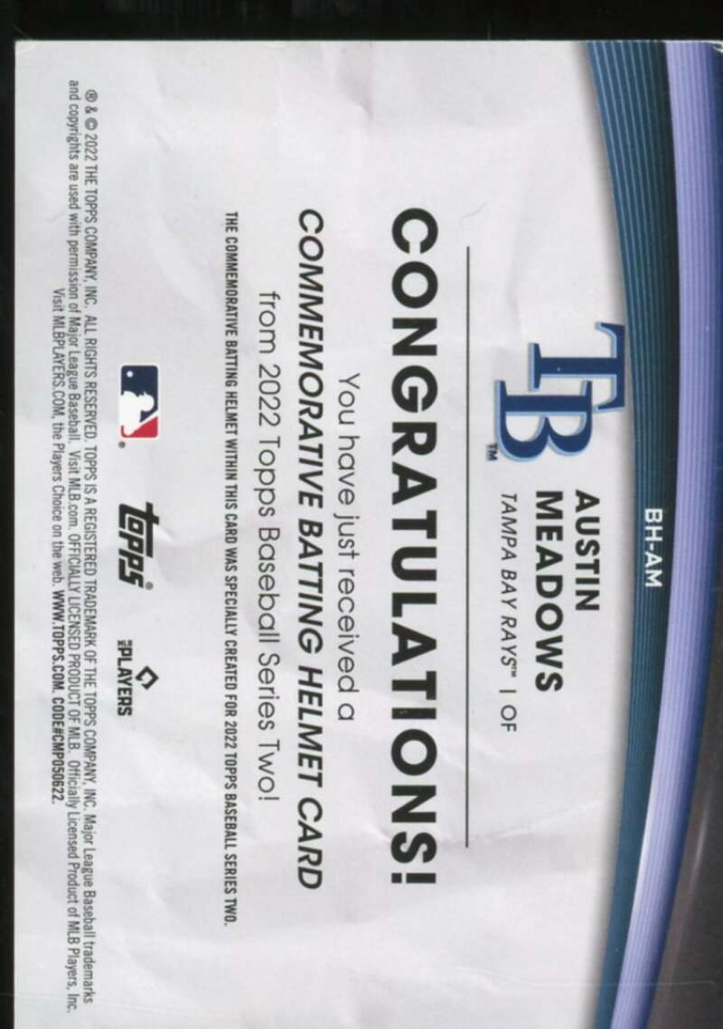 Austin Meadows Card 2022 Topps Commemorative Batting Helmet Relics #BHAM  Image 2