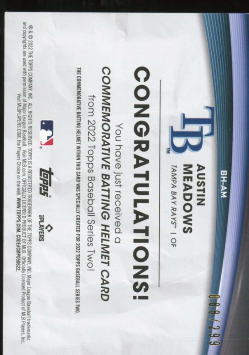 Austin Meadows Card 2022 Topps Commemorative Batting Helmet Relics #BHAM  Image 2