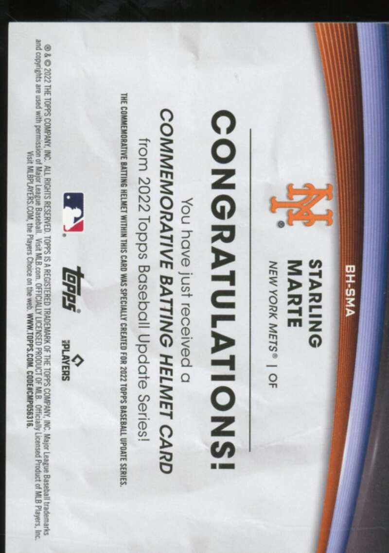 Starling Marte Card 2022 Topps Update Commemorative Batting Helmet #BHSMA  Image 2