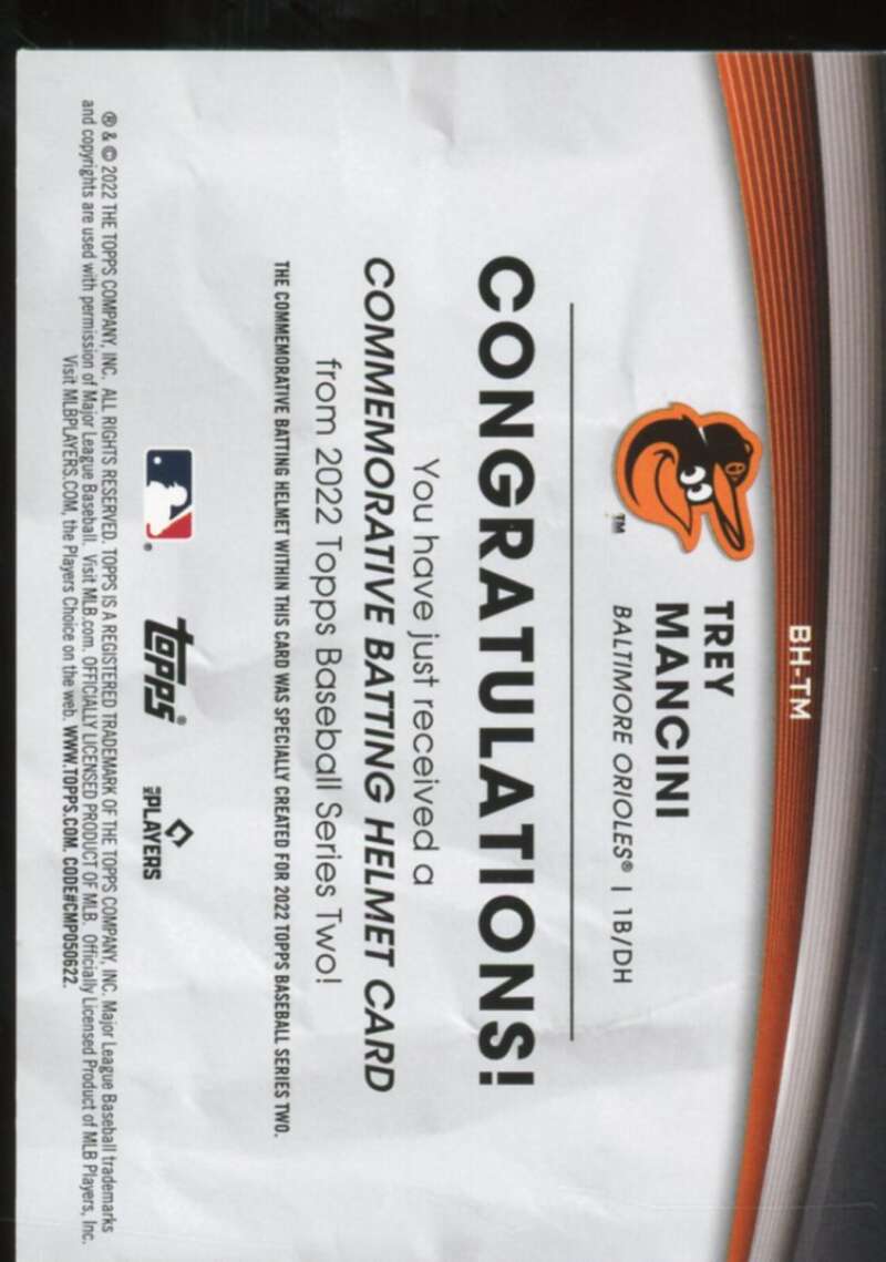 Trey Mancini Card 2022 Topps Commemorative Batting Helmet Relics #BHTM  Image 2