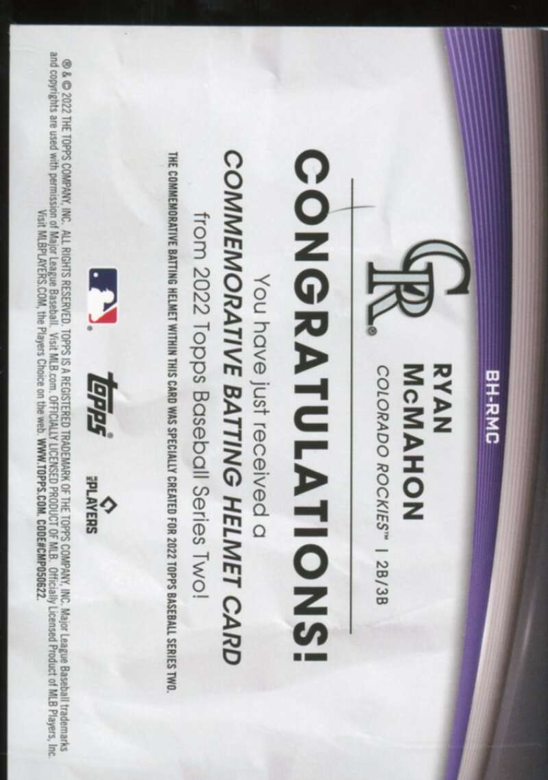 Ryan McMahon Card 2022 Topps Commemorative Batting Helmet Relics #BHRMC  Image 2