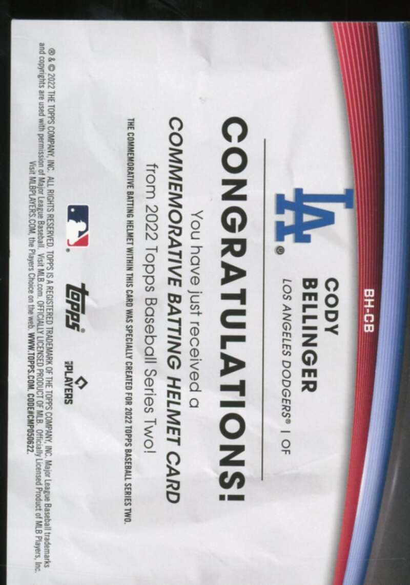 Cody Bellinger Card 2022 Topps Commemorative Batting Helmet Relics #BHCB  Image 2