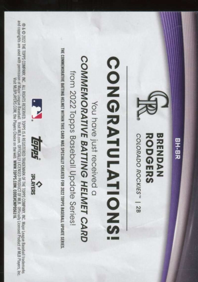 Brendan Rodgers Card 2022 Topps Update Commemorative Batting Helmet #BHBR  Image 2