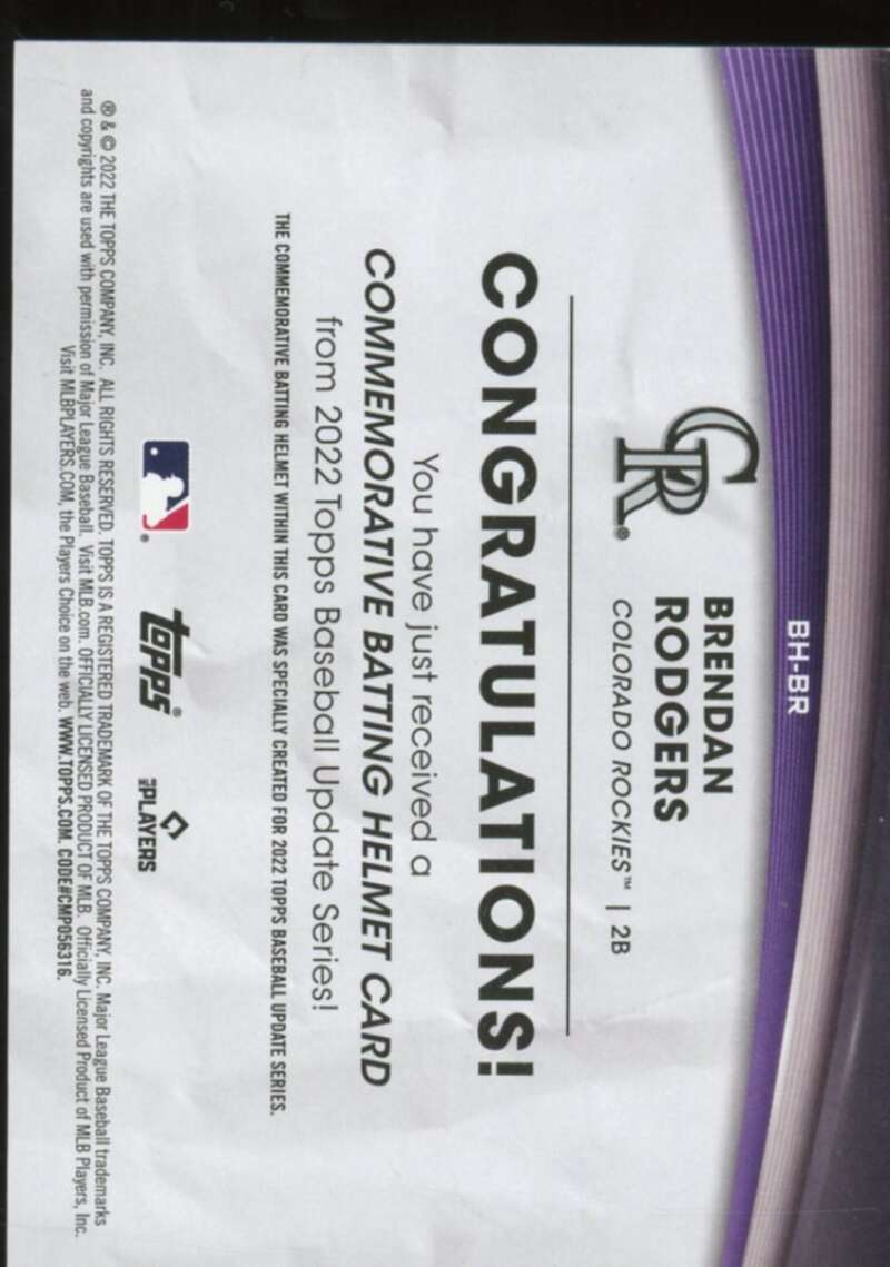 Brendan Rodgers Card 2022 Topps Update Commemorative Batting Helmet #BHBR  Image 2