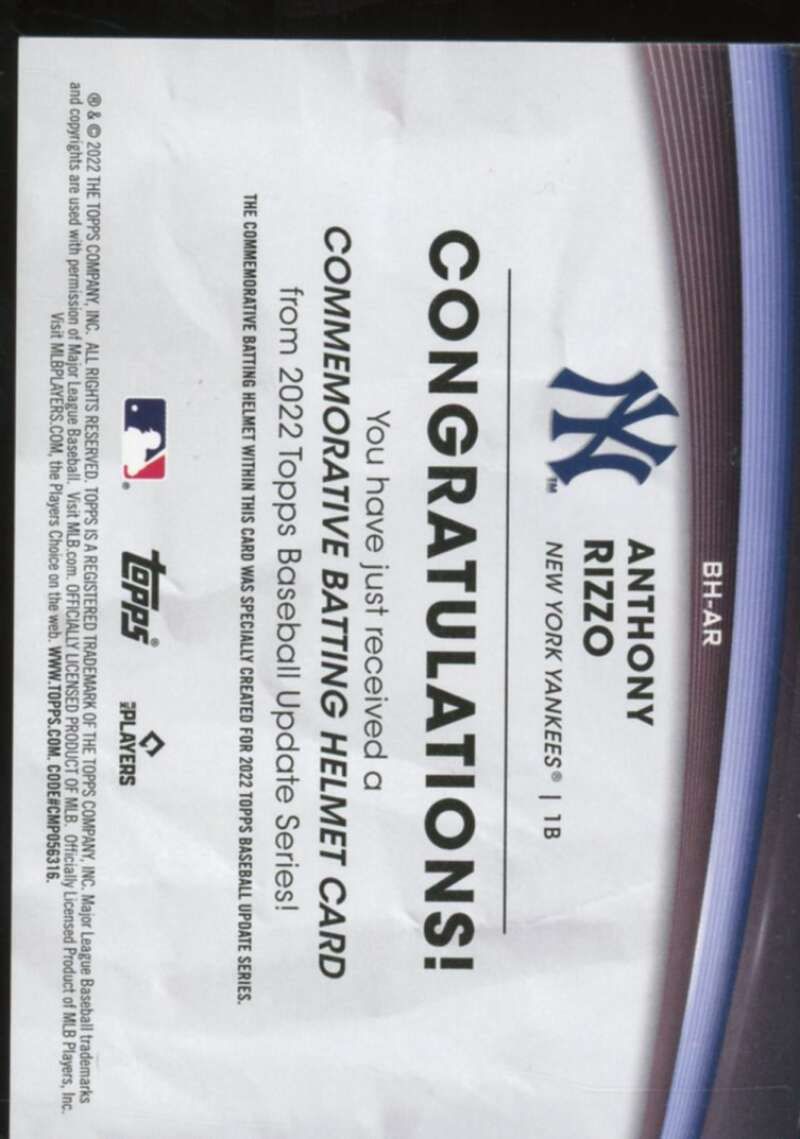 Anthony Rizzo Card 2022 Topps Update Commemorative Batting Helmet #BHAR  Image 2
