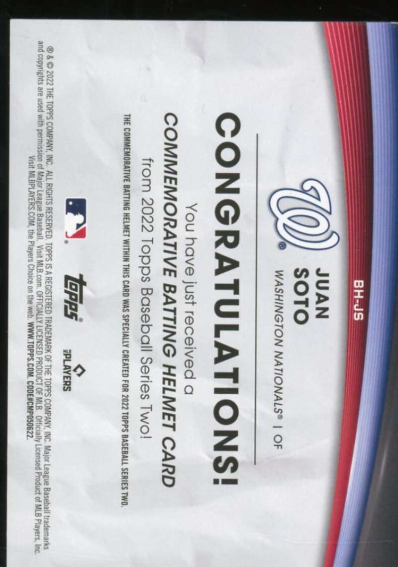 Juan Soto Card 2022 Topps Commemorative Batting Helmet Relics #BHJS  Image 2