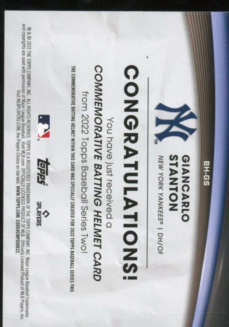 Giancarlo Stanton Card 2022 Topps Commemorative Batting Helmet Relics #BHGS  Image 2